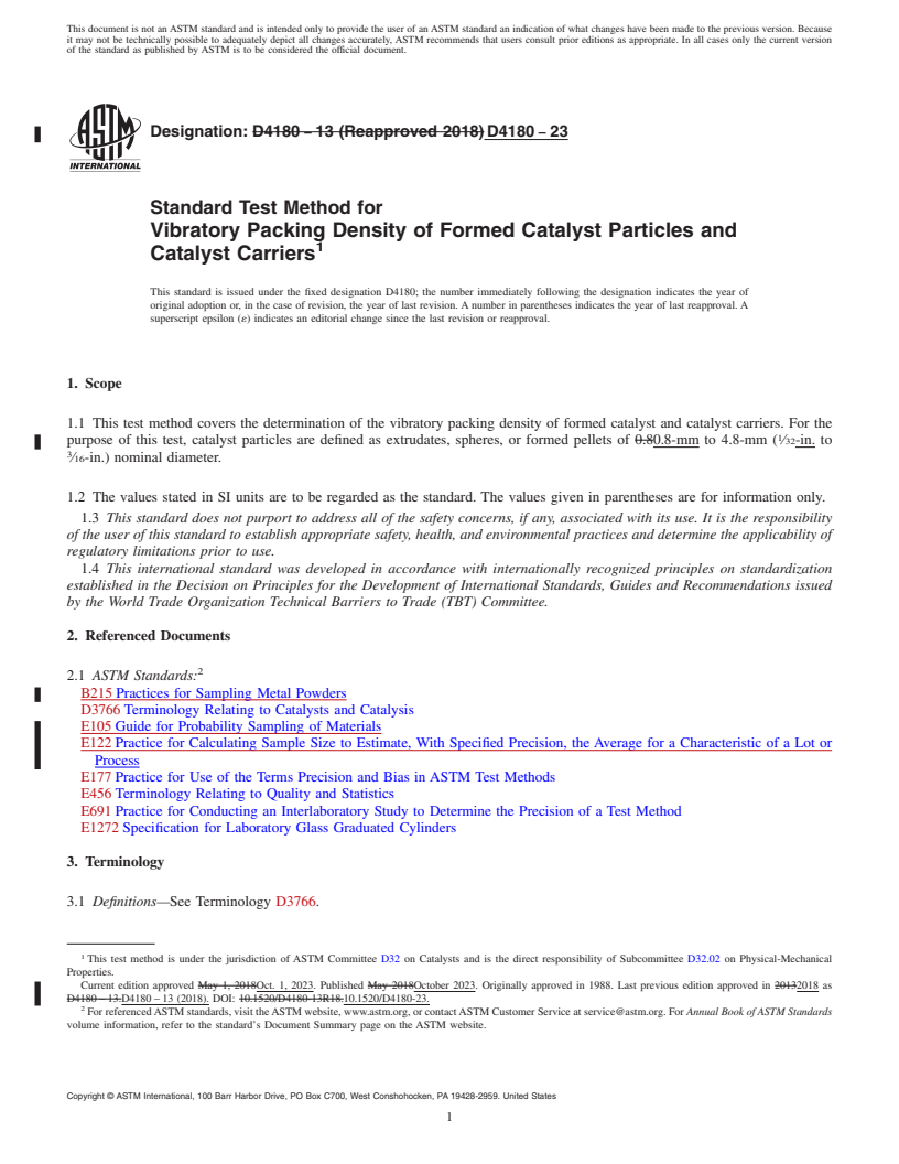 REDLINE ASTM D4180-23 - Standard Test Method for  Vibratory Packing Density of Formed Catalyst Particles and  Catalyst Carriers