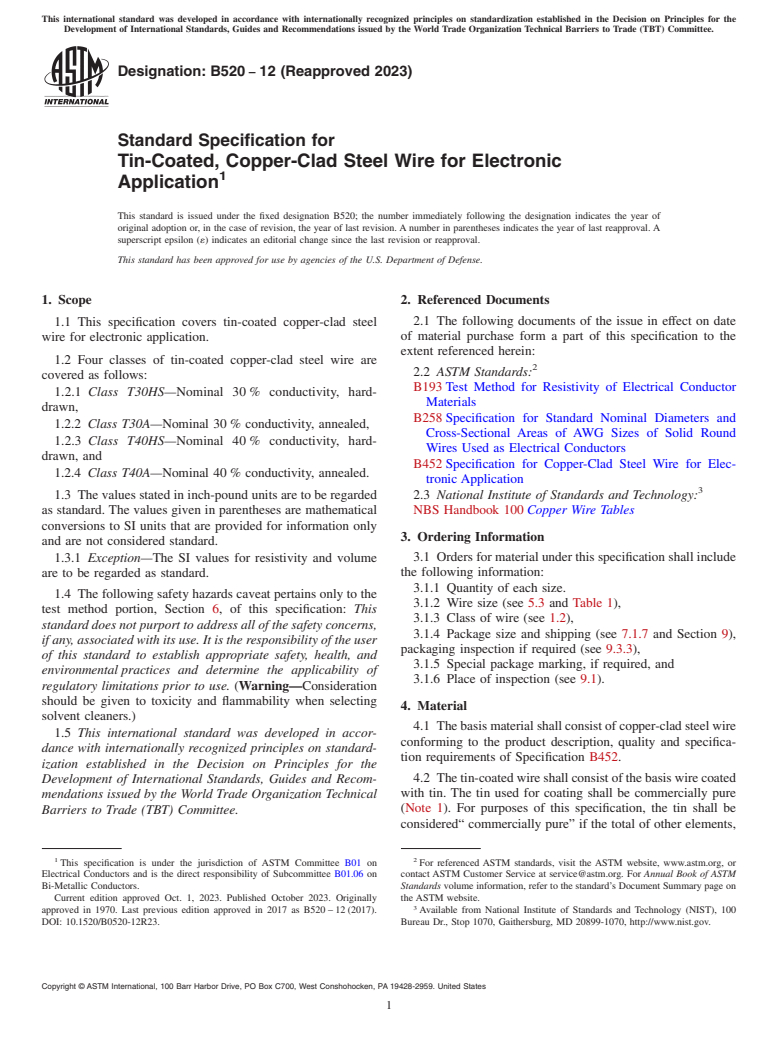 ASTM B520-12(2023) - Standard Specification for Tin-Coated, Copper-Clad Steel Wire for Electronic Application