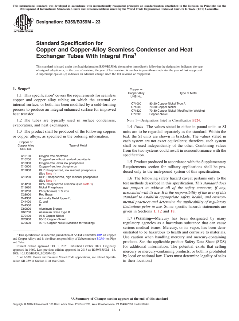 ASTM B359/B359M-23 - Standard Specification for Copper and Copper-Alloy Seamless Condenser and Heat Exchanger  Tubes With Integral Fins
