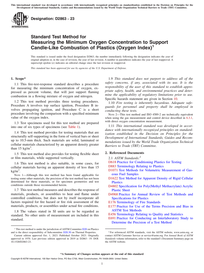 ASTM D2863-23 - Standard Test Method for  Measuring the Minimum Oxygen Concentration to Support Candle-Like  Combustion of Plastics (Oxygen Index)