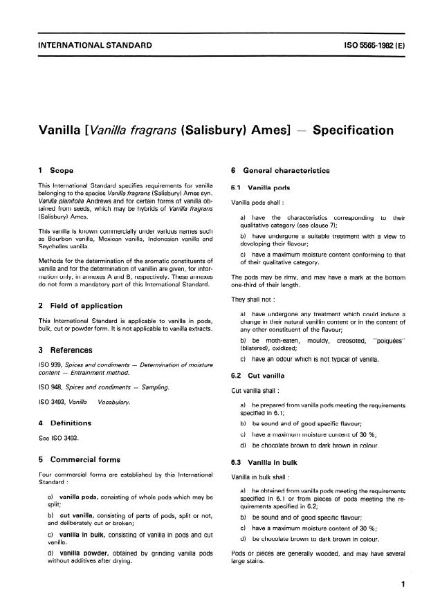 ISO 5565:1982 - Vanilla (Vanilla fragrans (Salisbury) Ames) -- Specification