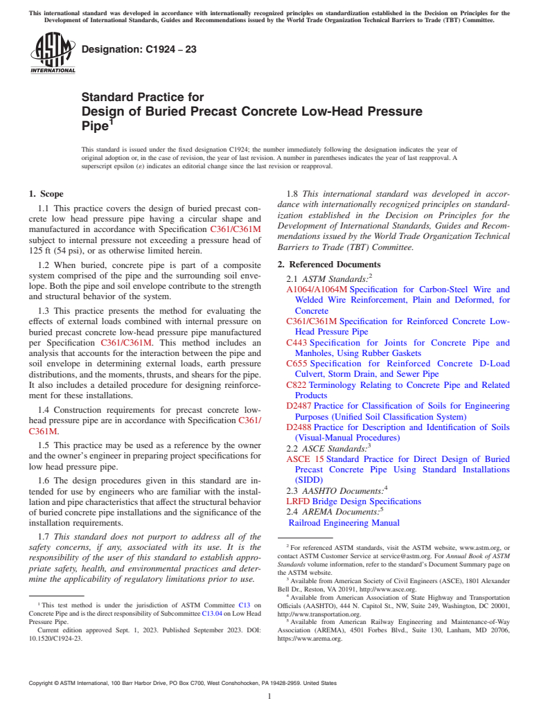 ASTM C1924-23 - Standard Practice for Design of Buried Precast Concrete Low-Head Pressure Pipe