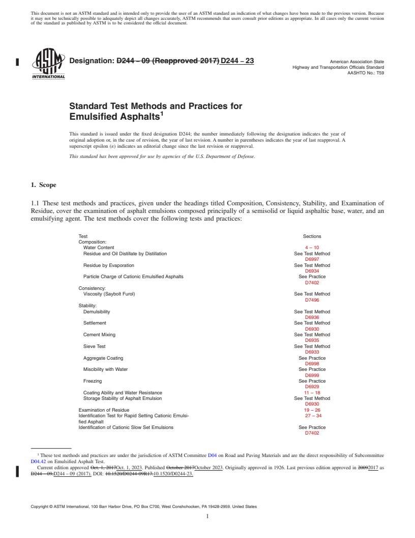 REDLINE ASTM D244-23 - Standard Test Methods and Practices for Emulsified Asphalts
