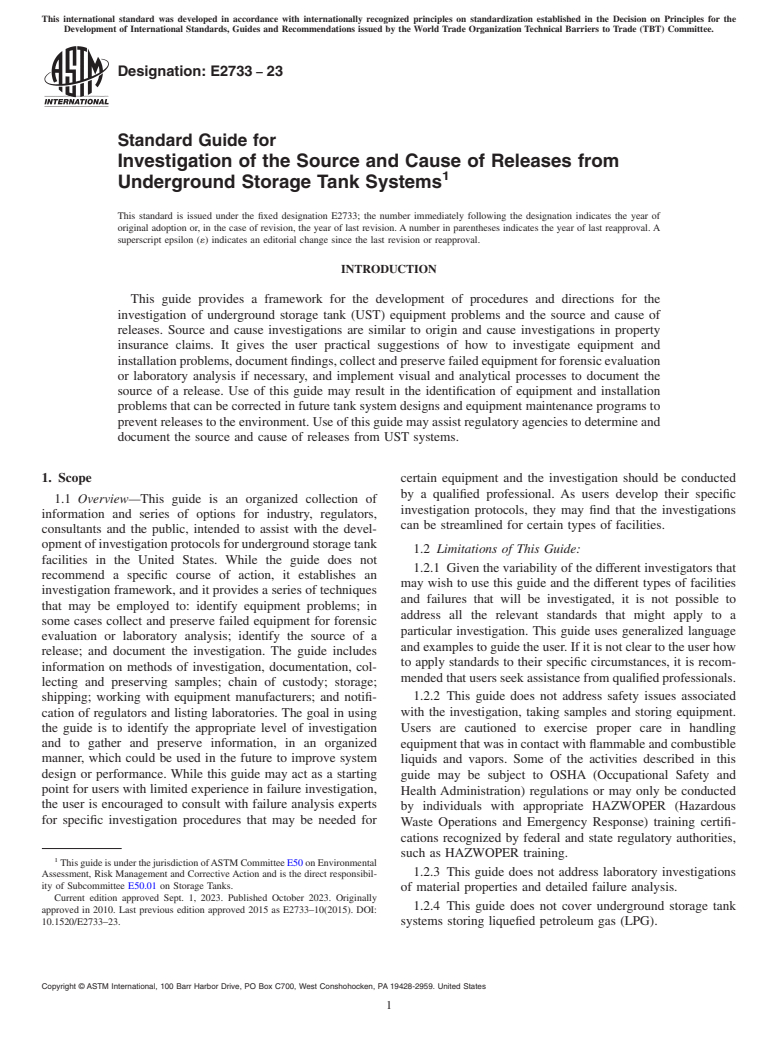 ASTM E2733-23 - Standard Guide for  Investigation of the Source and Cause of Releases from Underground  Storage Tank Systems