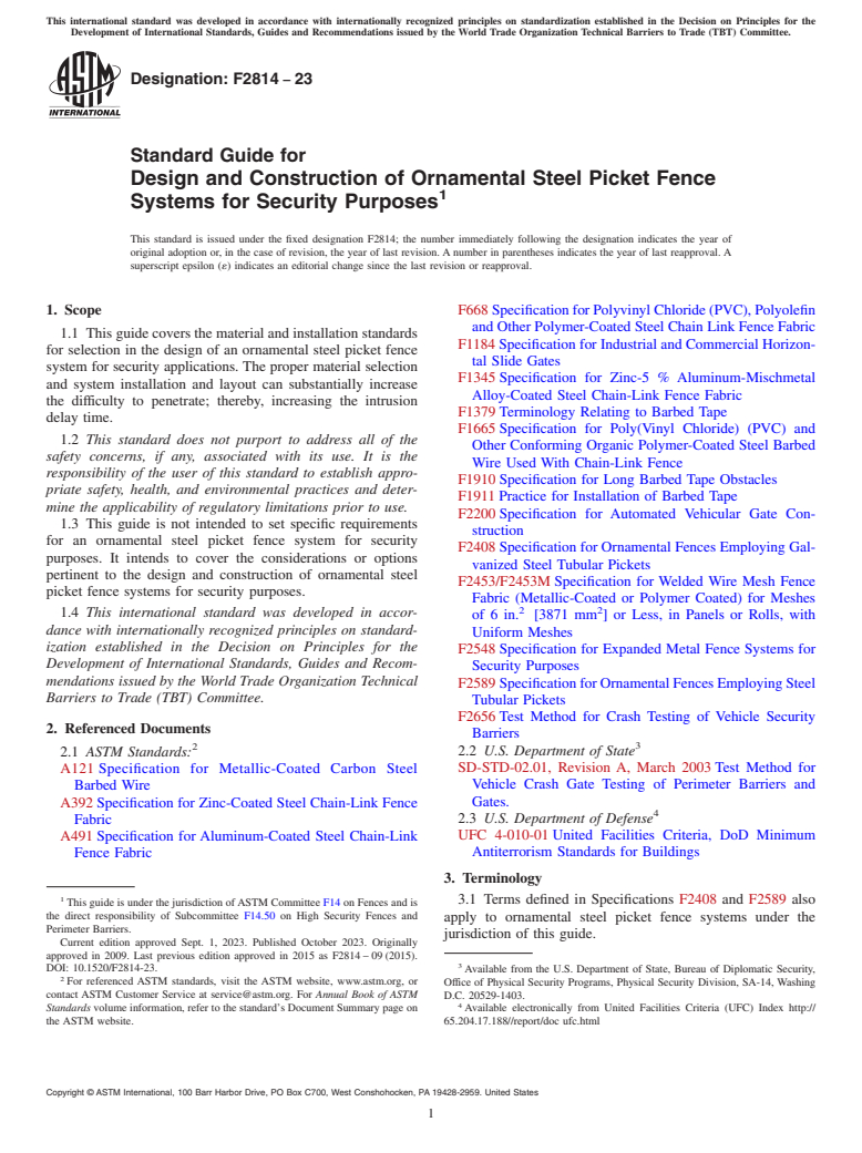 ASTM F2814-23 - Standard Guide for  Design and Construction of Ornamental Steel Picket Fence Systems  for Security Purposes