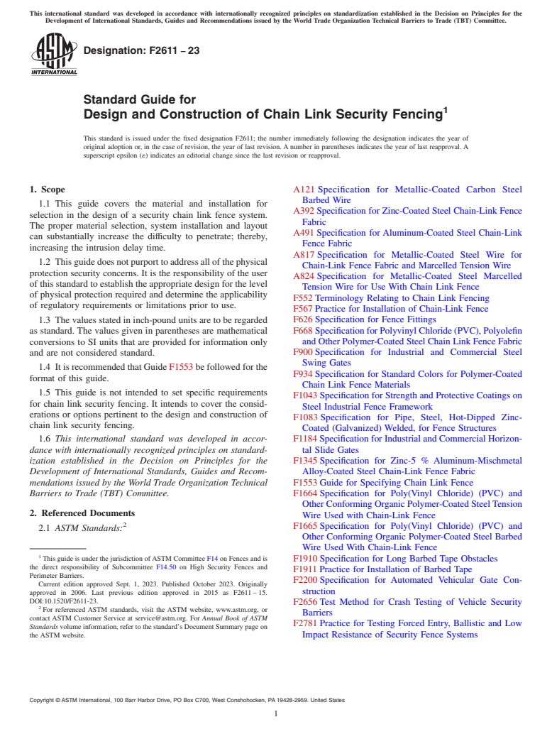 ASTM F2611-23 - Standard Guide for  Design and Construction of Chain Link Security Fencing