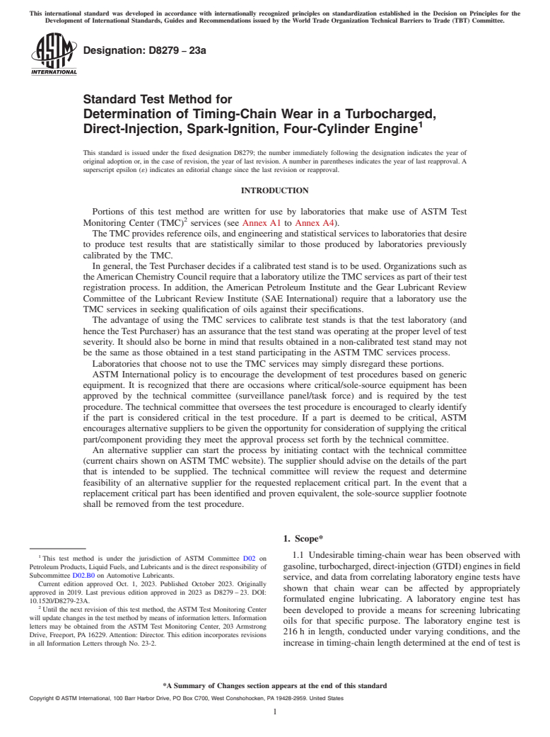 ASTM D8279-23a - Standard Test Method for Determination of Timing-Chain Wear in a Turbocharged, Direct-Injection,  Spark-Ignition, Four-Cylinder Engine