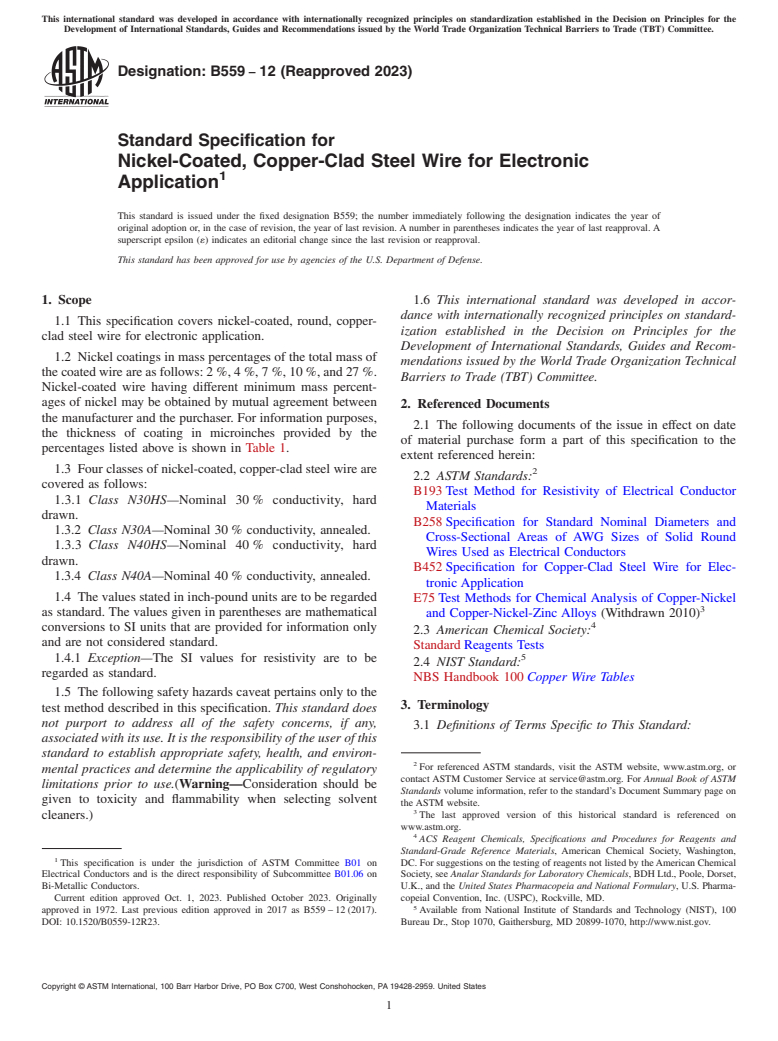 ASTM B559-12(2023) - Standard Specification for Nickel-Coated, Copper-Clad Steel Wire for Electronic Application