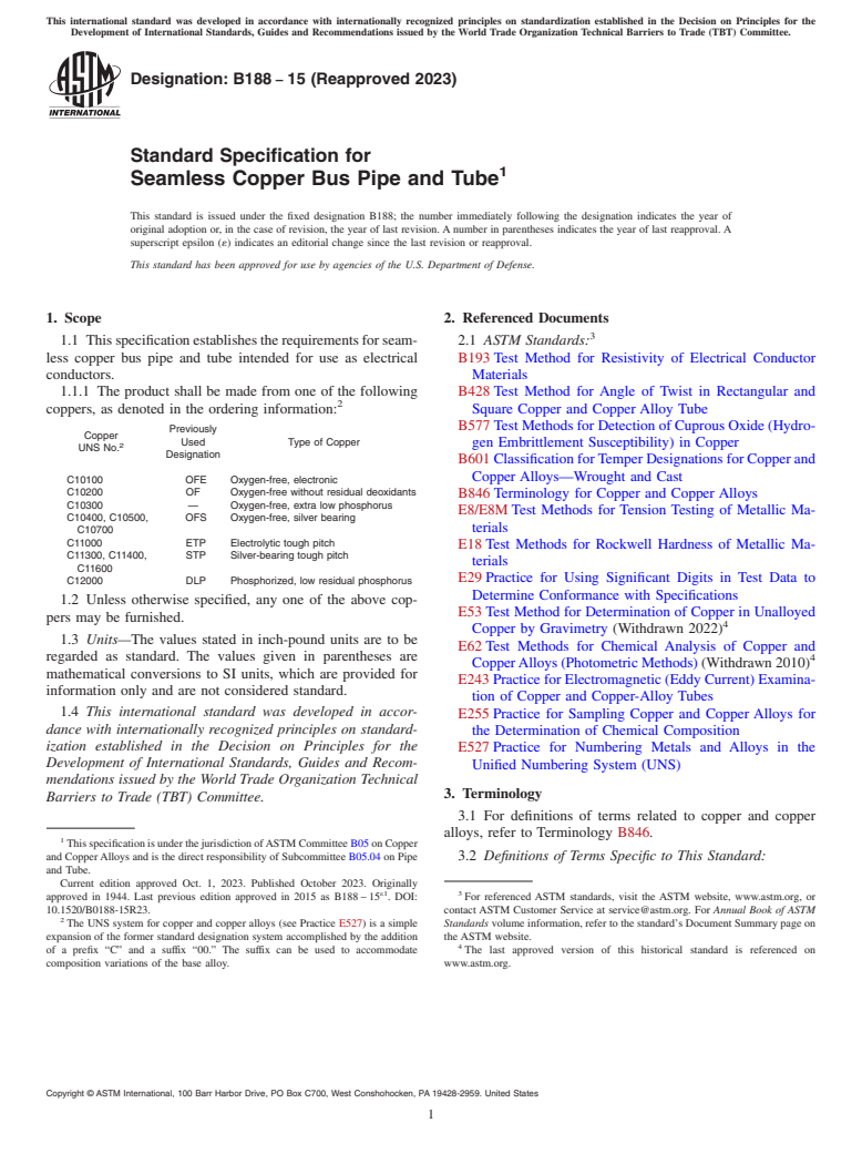 ASTM B188-15(2023) - Standard Specification for Seamless Copper Bus Pipe and Tube