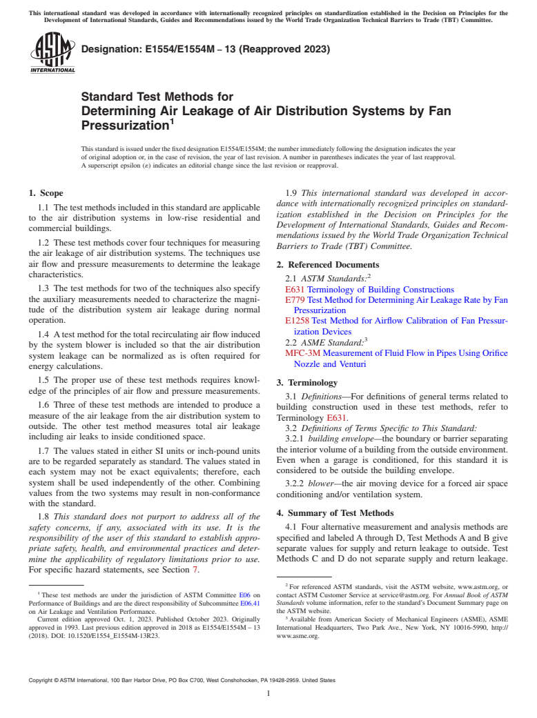 ASTM E1554/E1554M-13(2023) - Standard Test Methods for Determining Air Leakage of Air Distribution Systems by Fan  Pressurization