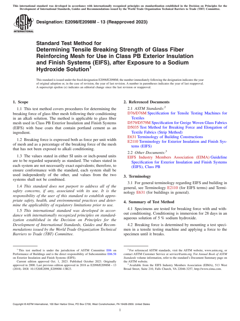 ASTM E2098/E2098M-13(2023) - Standard Test Method for Determining Tensile Breaking Strength of Glass Fiber Reinforcing  Mesh for Use in Class PB Exterior Insulation and Finish Systems (EIFS),  after Exposure to a Sodium Hydroxide Solution