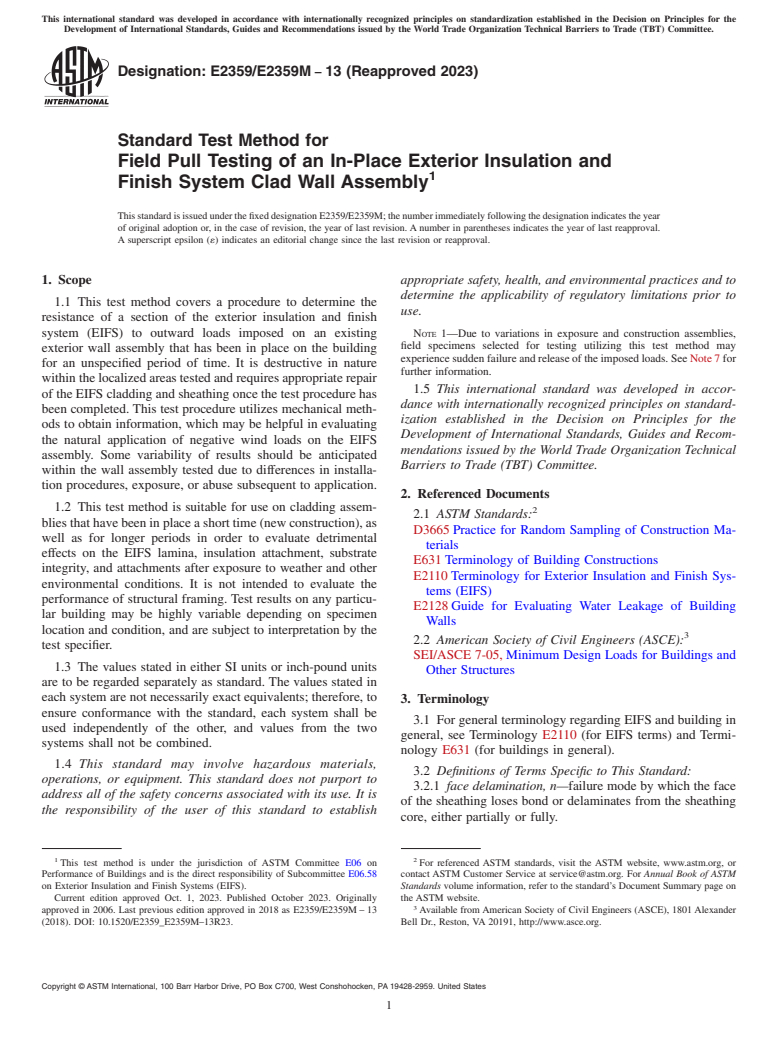 ASTM E2359/E2359M-13(2023) - Standard Test Method for Field Pull Testing of an In-Place Exterior Insulation and Finish  System Clad Wall Assembly