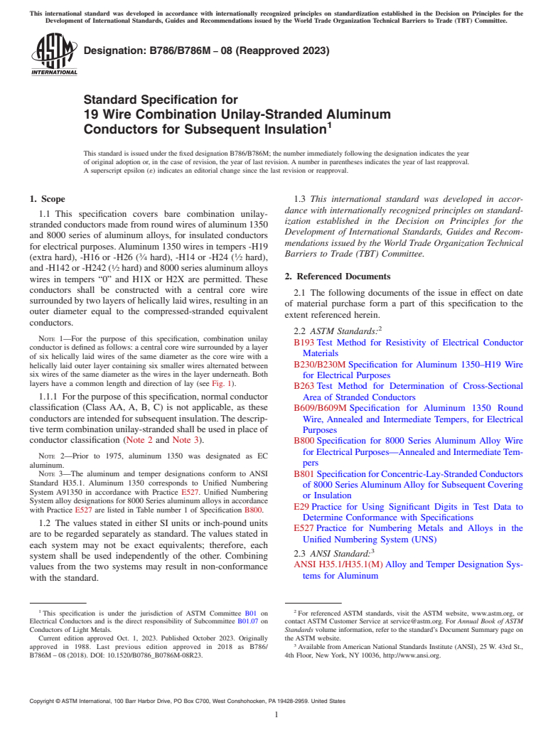 ASTM B786/B786M-08(2023) - Standard Specification for 19 Wire Combination Unilay-Stranded Aluminum  Conductors for   Subsequent Insulation