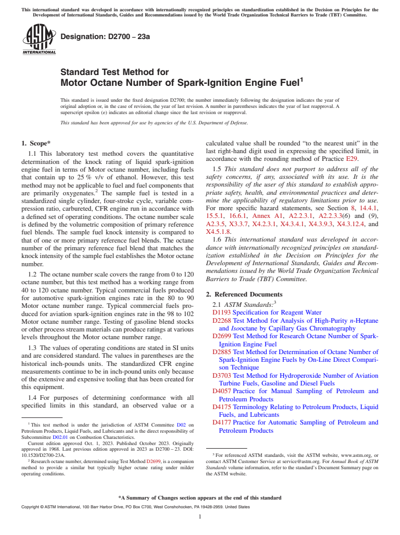 ASTM D2700-23a - Standard Test Method for Motor Octane Number of Spark-Ignition Engine Fuel