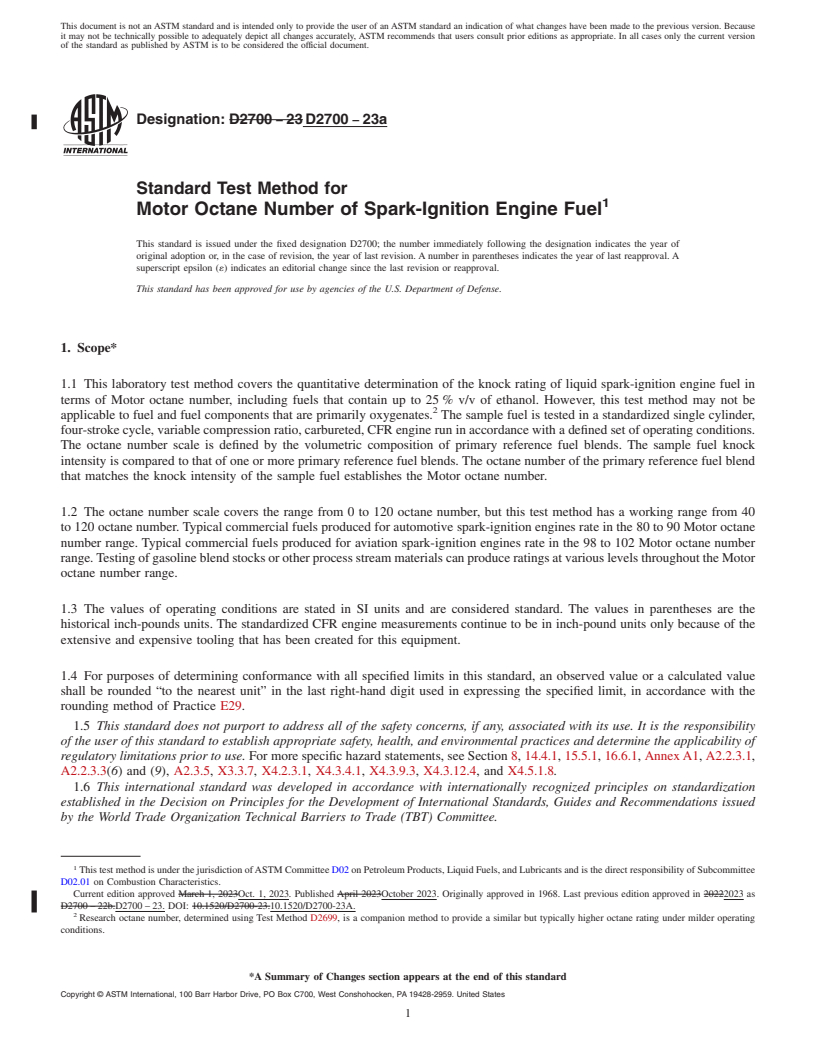 REDLINE ASTM D2700-23a - Standard Test Method for Motor Octane Number of Spark-Ignition Engine Fuel
