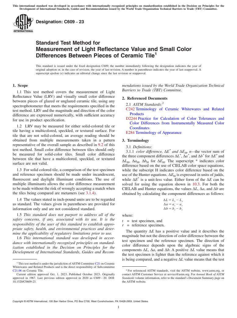 ASTM C609-23 - Standard Test Method for  Measurement of Light Reflectance Value and Small Color Differences  Between Pieces of Ceramic Tile