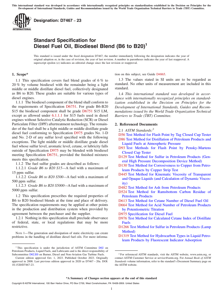 ASTM D7467-23 - Standard Specification for  Diesel Fuel Oil, Biodiesel Blend (B6 to B20)