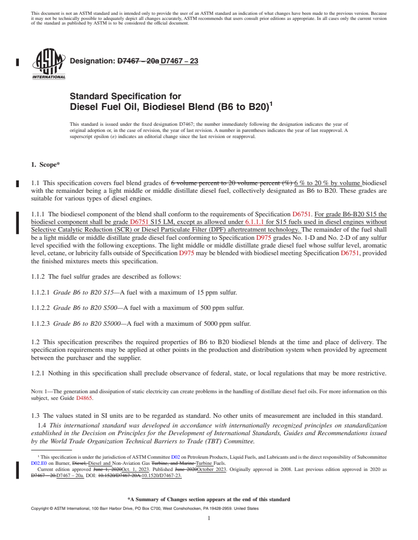REDLINE ASTM D7467-23 - Standard Specification for  Diesel Fuel Oil, Biodiesel Blend (B6 to B20)