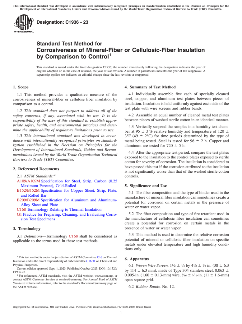 ASTM C1936-23 - Standard Test Method for Corrosiveness of Mineral-Fiber or Cellulosic-Fiber Insulation  by Comparison to Control