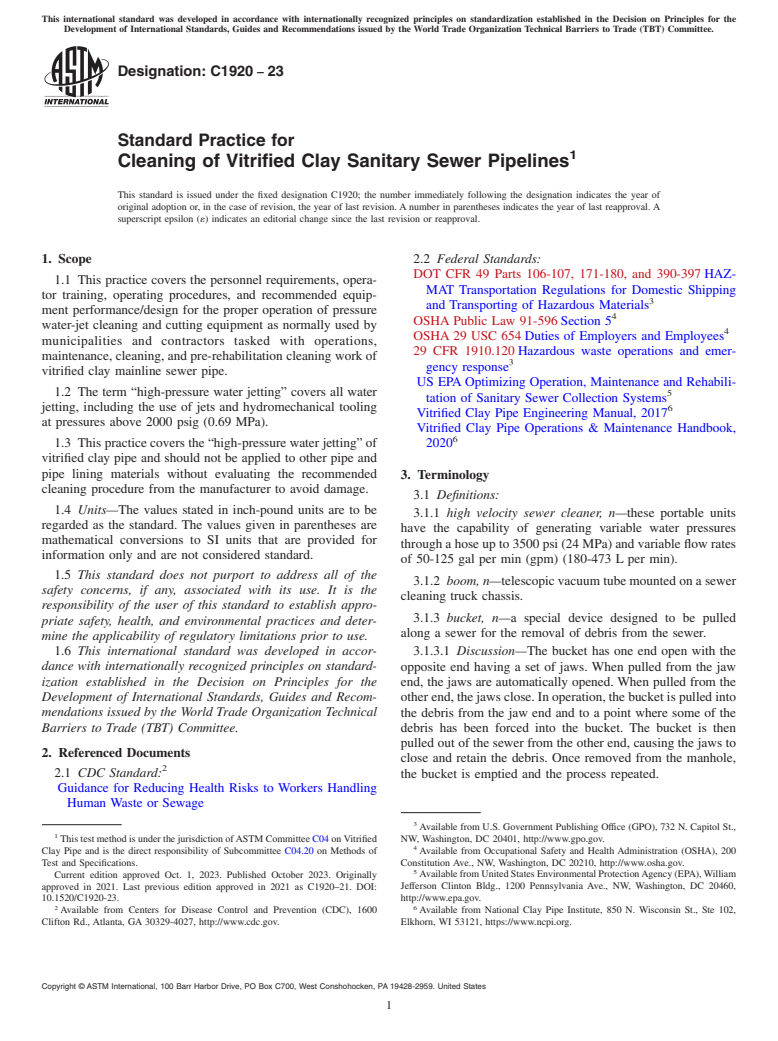 ASTM C1920-23 - Standard Practice for Cleaning of Vitrified Clay Sanitary Sewer Pipelines