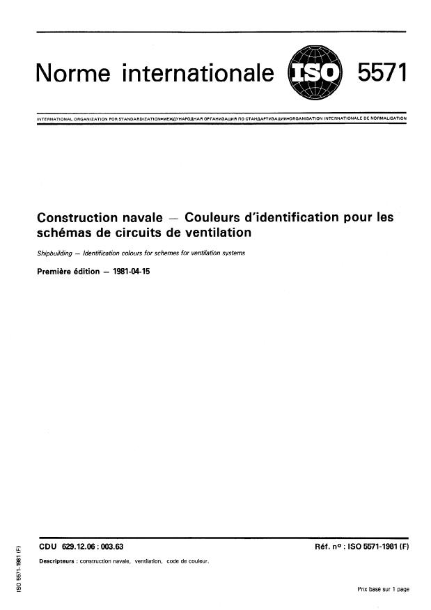 ISO 5571:1981 - Construction navale -- Couleurs d'identification pour les schémas de circuits de ventilation