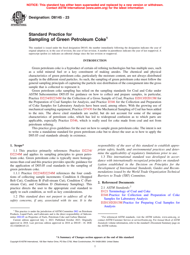ASTM D8145-23 - Standard Practice for Sampling of Green Petroleum Coke