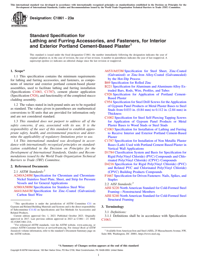 ASTM C1861-23a - Standard Specification for Lathing and Furring Accessories, and Fasteners, for Interior  and Exterior Portland Cement-Based Plaster
