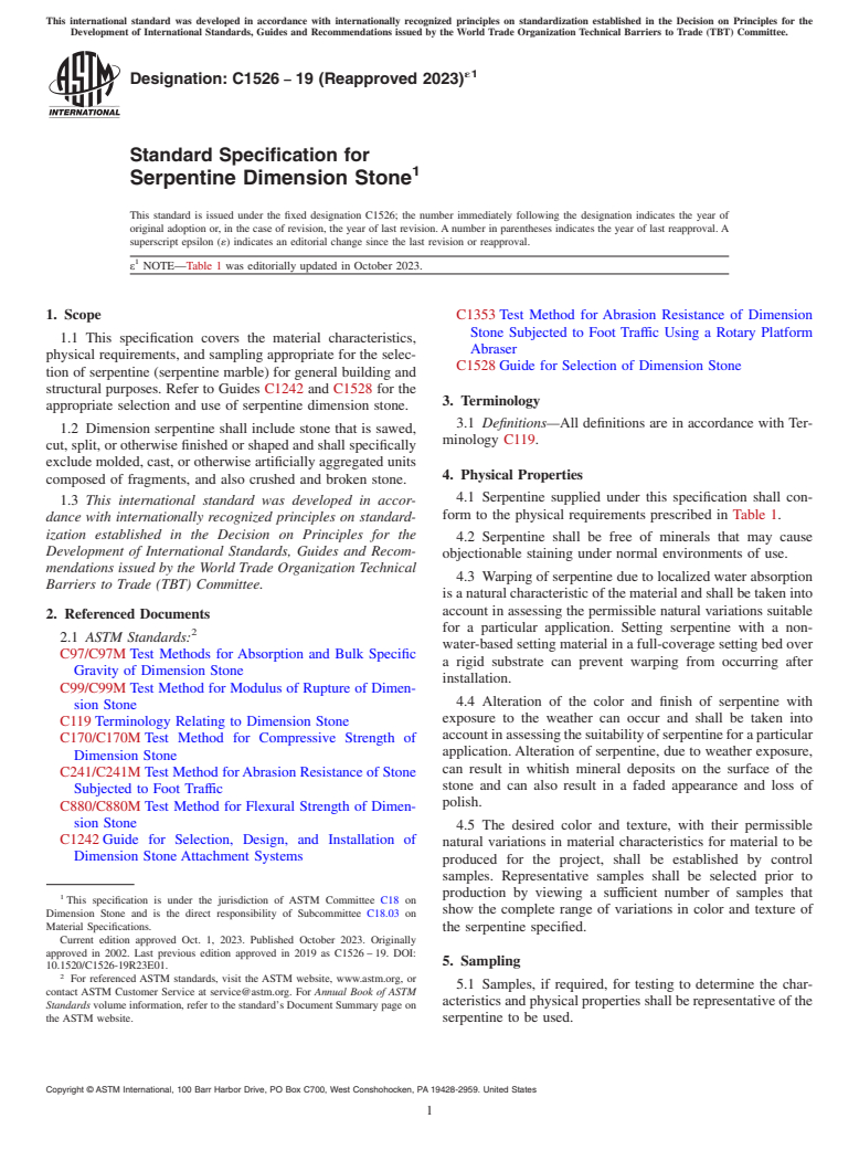 ASTM C1526-19(2023)e1 - Standard Specification for  Serpentine Dimension Stone