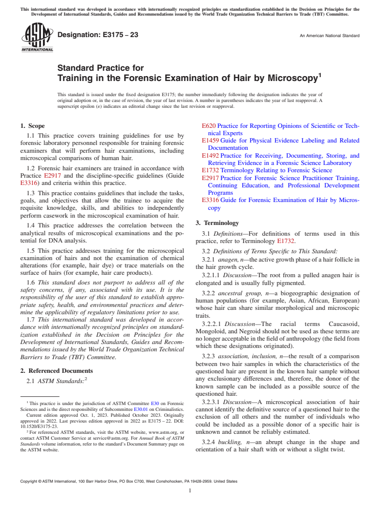 ASTM E3175-23 - Standard Practice for Training in the Forensic Examination of Hair by Microscopy