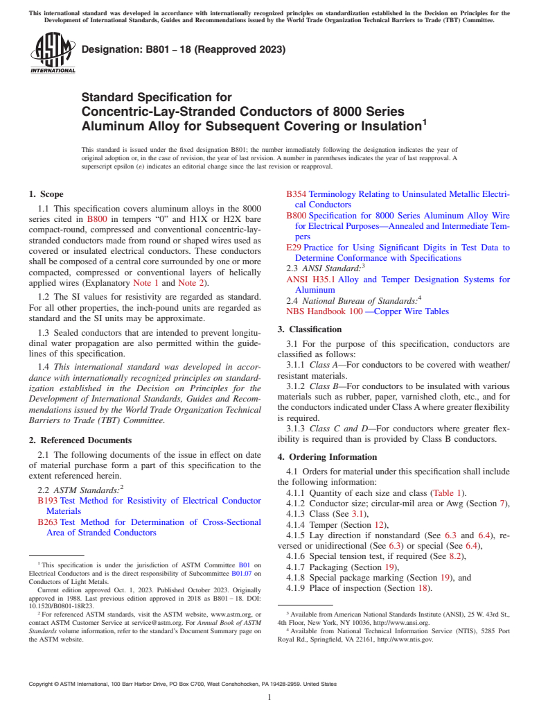 ASTM B801-18(2023) - Standard Specification for Concentric-Lay-Stranded Conductors of 8000 Series Aluminum   Alloy for Subsequent Covering or Insulation