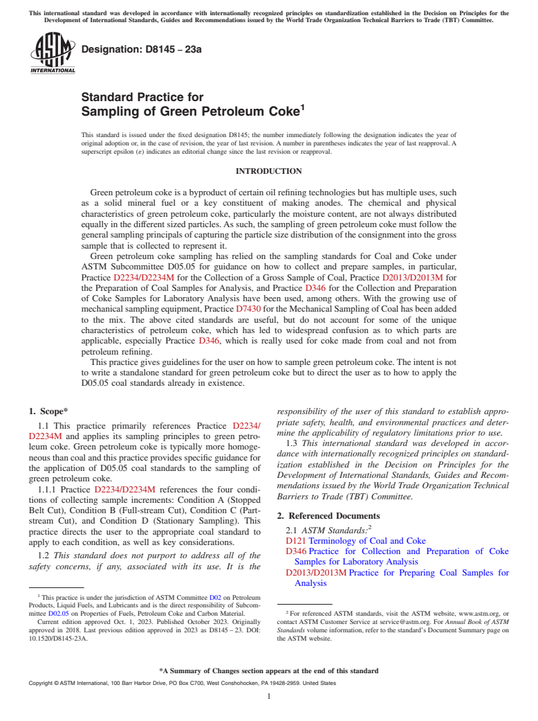 ASTM D8145-23a - Standard Practice for Sampling of Green Petroleum Coke