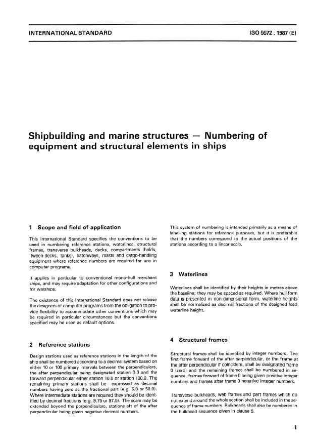 ISO 5572:1987 - Shipbuilding and marine structures -- Numbering of equipment and structural elements in ships