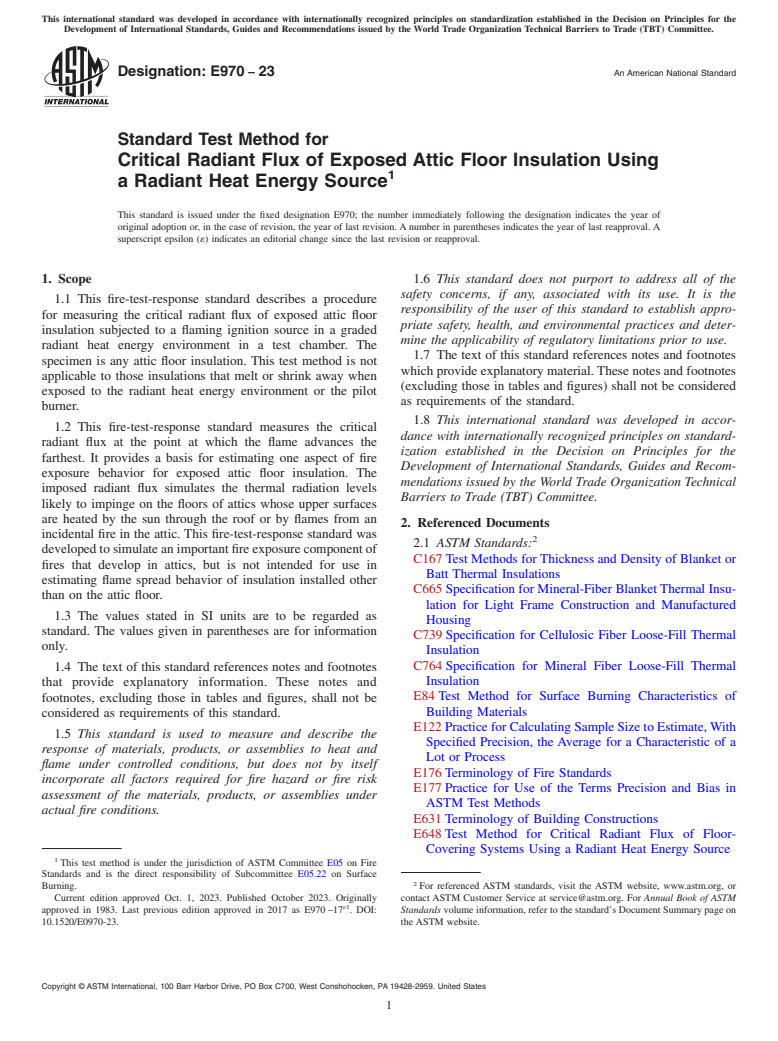 ASTM E970-23 - Standard Test Method for  Critical Radiant Flux of Exposed Attic Floor Insulation Using  a Radiant Heat Energy Source