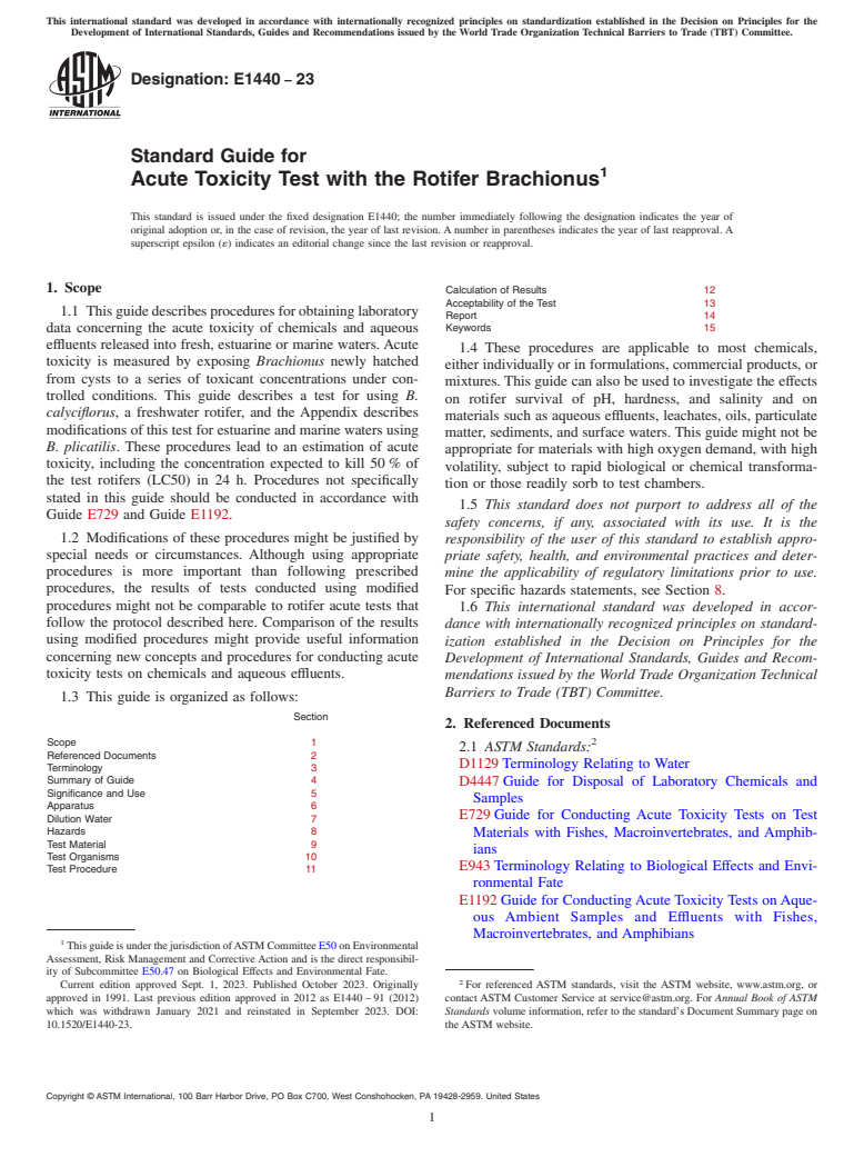 ASTM E1440-23 - Standard Guide for  Acute Toxicity Test with the Rotifer Brachionus