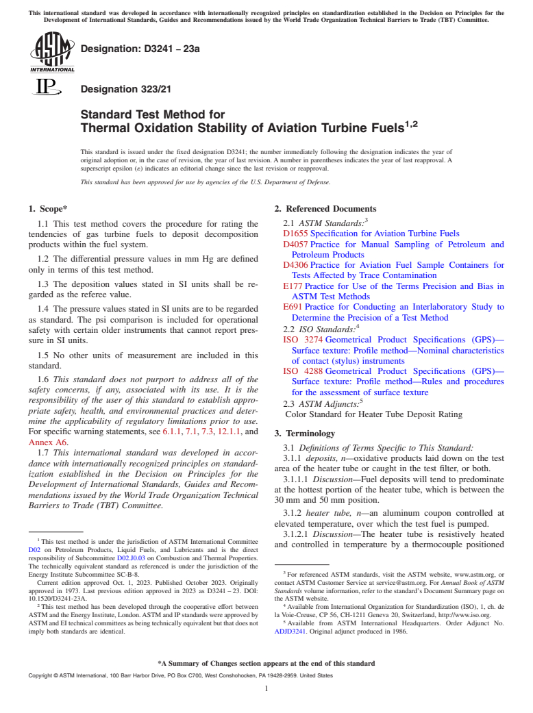 ASTM D3241-23a - Standard Test Method for Thermal Oxidation Stability of Aviation Turbine Fuels