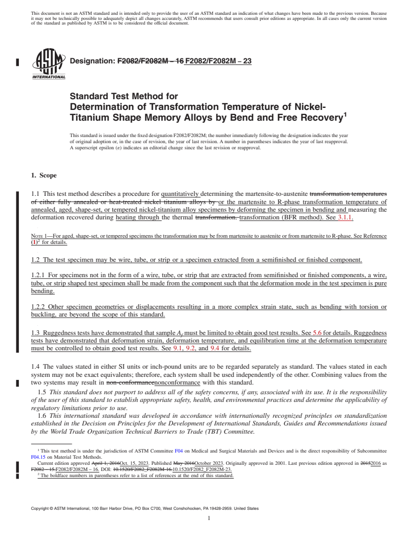 REDLINE ASTM F2082/F2082M-23 - Standard Test Method for  Determination of Transformation Temperature of Nickel-Titanium  Shape  Memory Alloys by Bend and Free Recovery