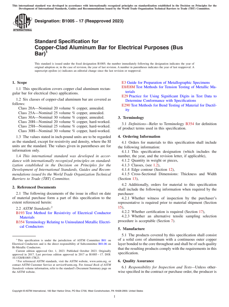 ASTM B1005-17(2023) - Standard Specification for Copper-Clad Aluminum Bar for Electrical Purposes (Bus Bar)