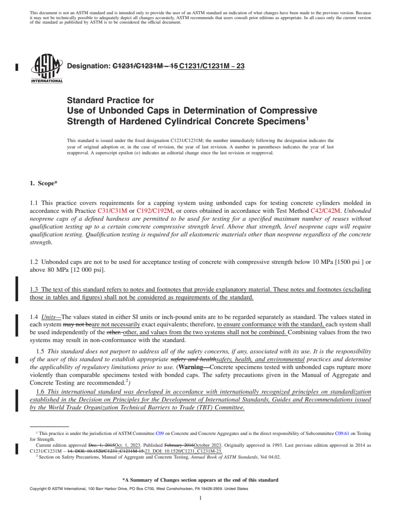 REDLINE ASTM C1231/C1231M-23 - Standard Practice for  Use of Unbonded Caps in Determination of Compressive Strength  of Hardened Cylindrical Concrete Specimens