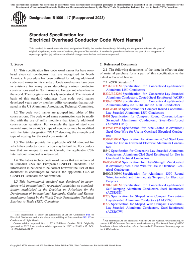 ASTM B1006-17(2023) - Standard Specification for Electrical Overhead Conductor Code Word Names