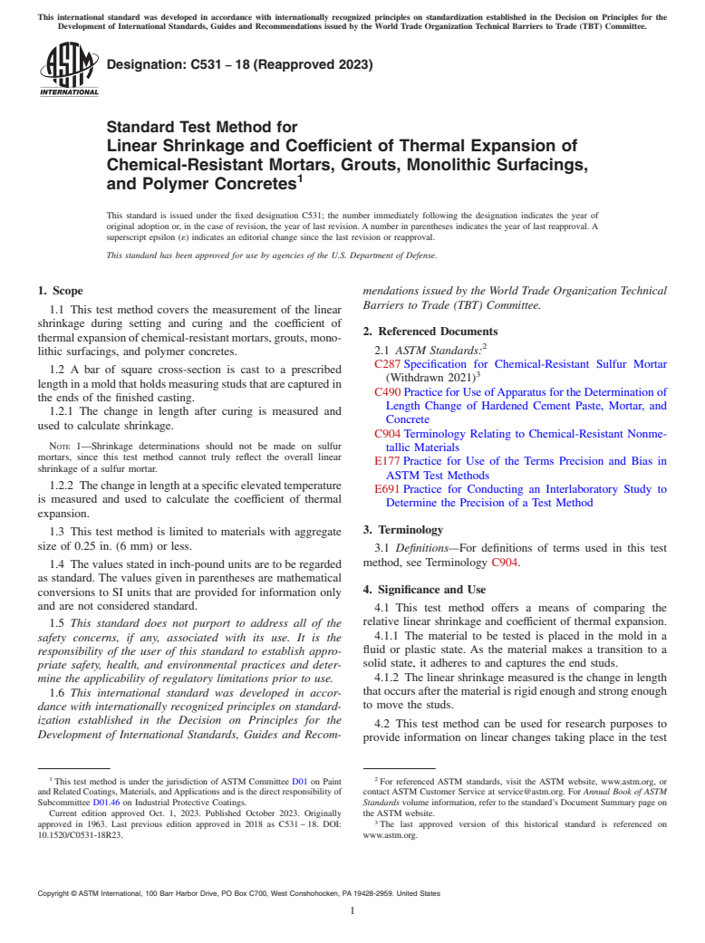 ASTM C531-18(2023) - Standard Test Method for Linear Shrinkage and Coefficient of Thermal Expansion of Chemical-Resistant  Mortars, Grouts, Monolithic Surfacings, and Polymer Concretes