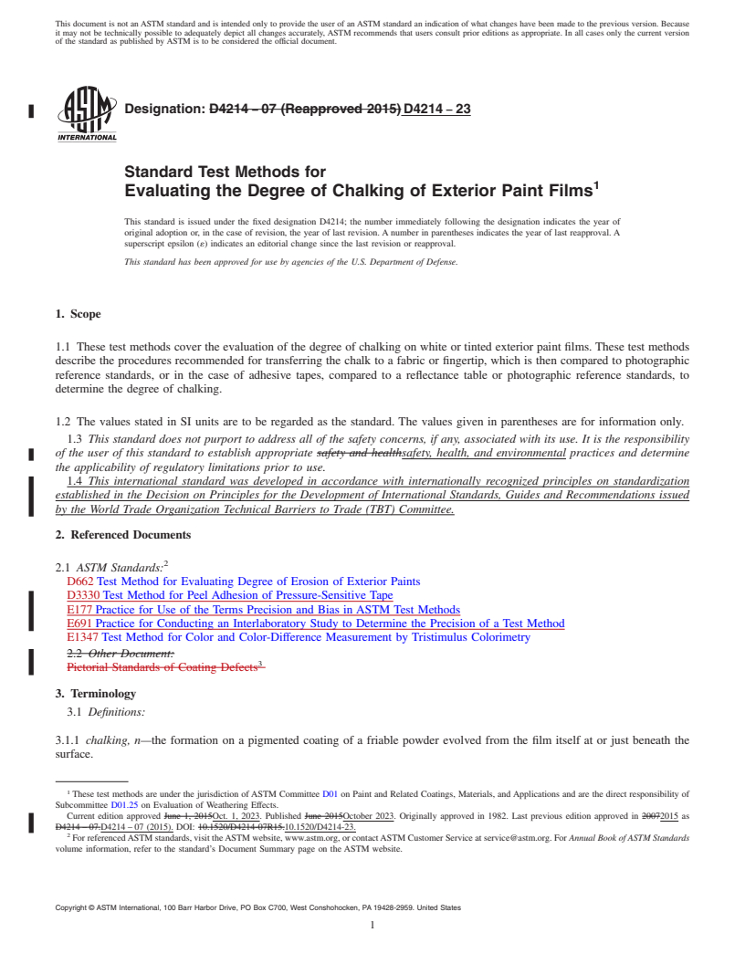 REDLINE ASTM D4214-23 - Standard Test Methods for Evaluating the Degree of Chalking of Exterior Paint Films