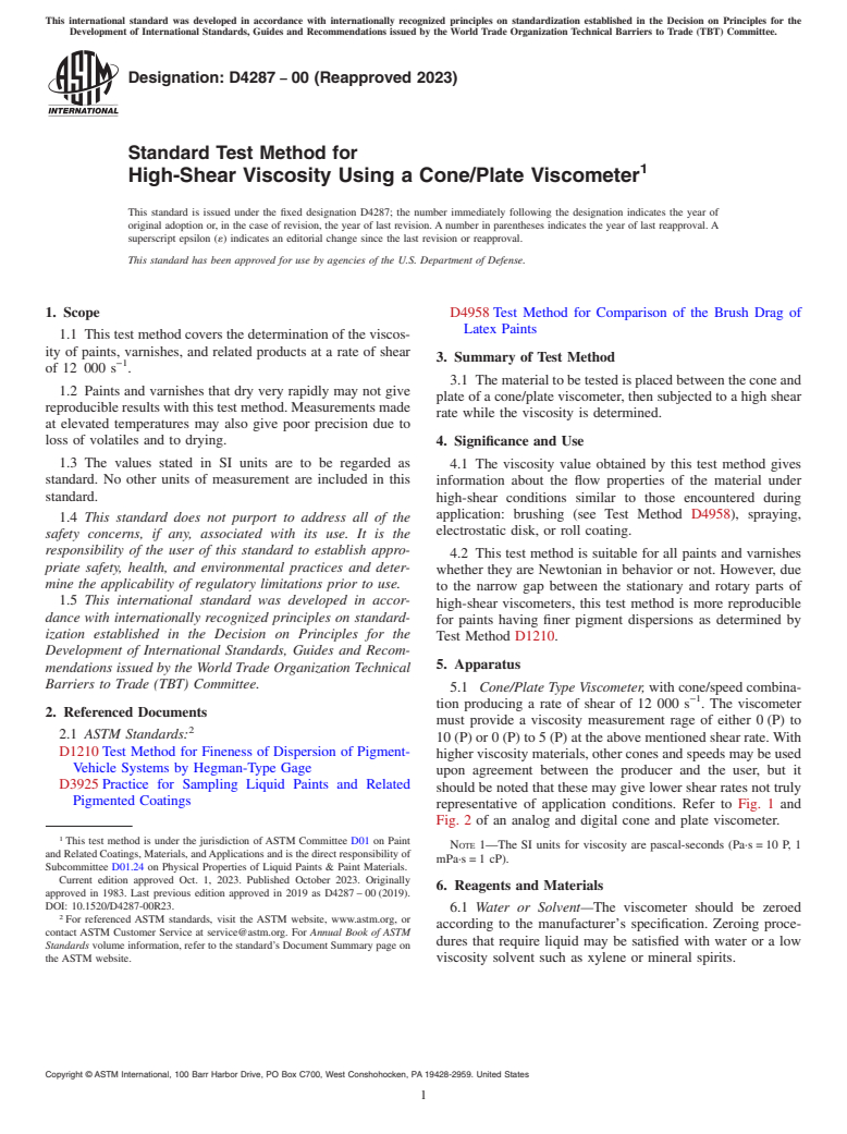 ASTM D4287-00(2023) - Standard Test Method for High-Shear Viscosity Using a Cone/Plate Viscometer