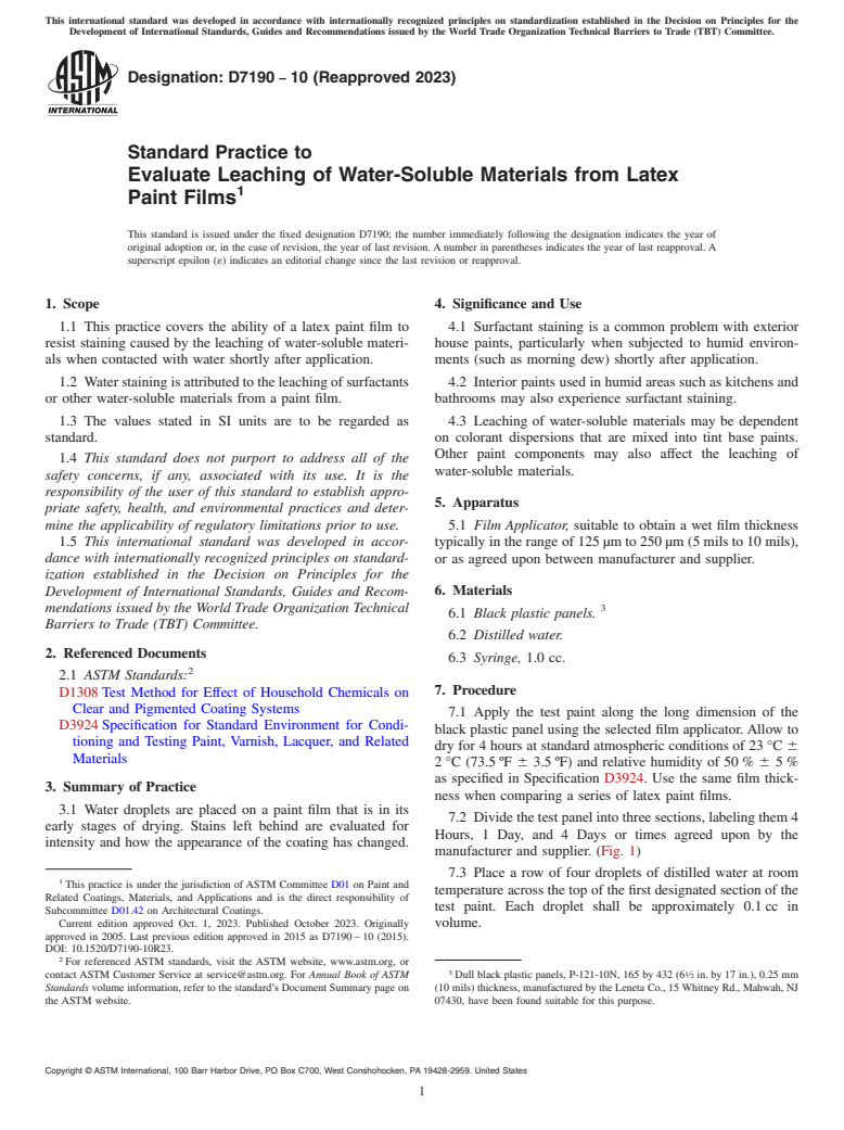 ASTM D7190-10(2023) - Standard Practice to Evaluate Leaching of Water-Soluble Materials from Latex Paint   Films<!--Missing unit for values in fn 3 - KF (10/23/23)--><?Pub  Caret -1?>
