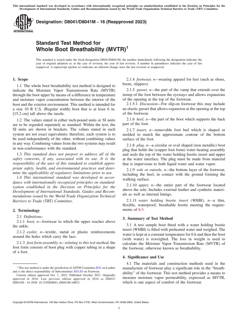 ASTM D8041/D8041M-16(2023) - Standard Test Method for Whole Boot Breathability (MVTR)