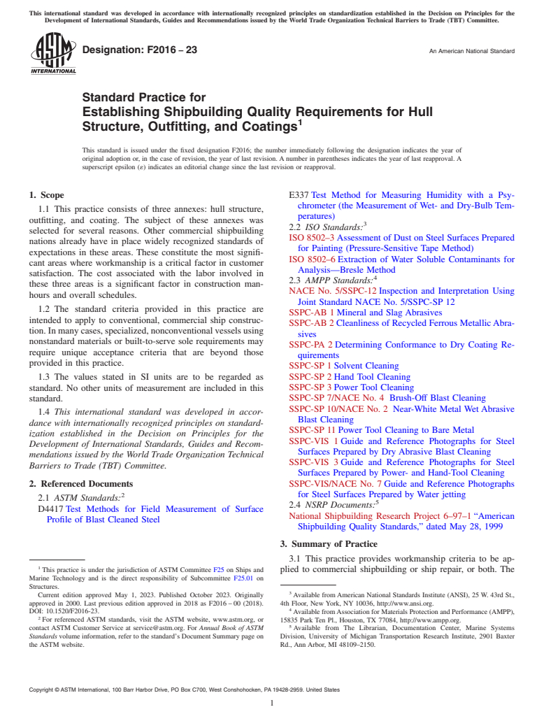 ASTM F2016-23 - Standard Practice for  Establishing Shipbuilding Quality Requirements for Hull Structure,  Outfitting, and Coatings