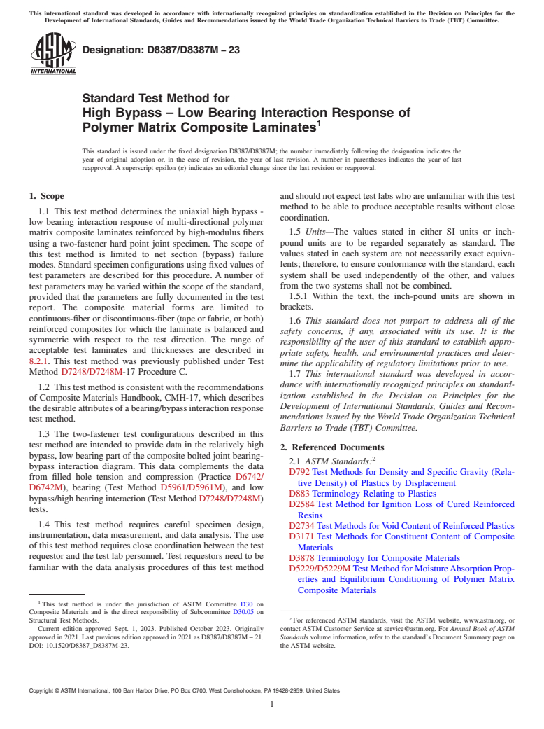 ASTM D8387/D8387M-23 - Standard Test Method for High Bypass – Low Bearing Interaction Response of Polymer  Matrix Composite Laminates
