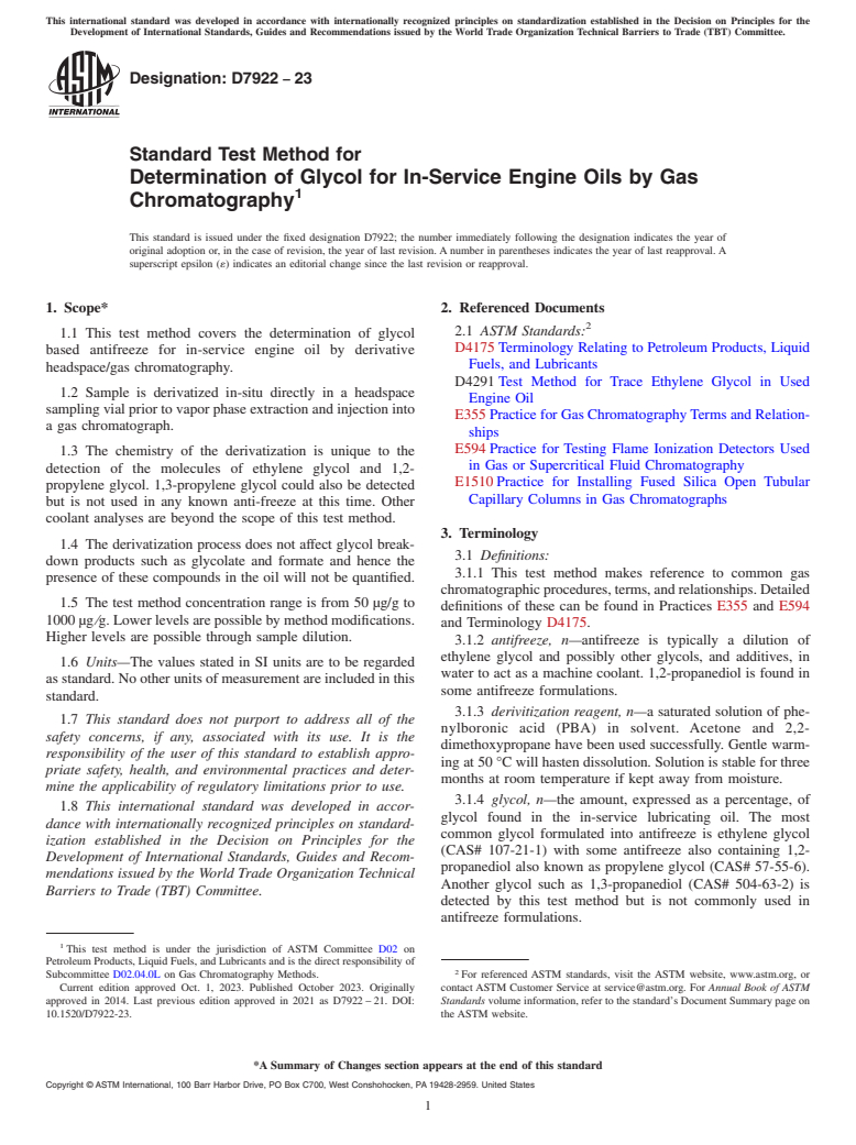 ASTM D7922-23 - Standard Test Method for Determination of  Glycol for In-Service Engine Oils by Gas  Chromatography