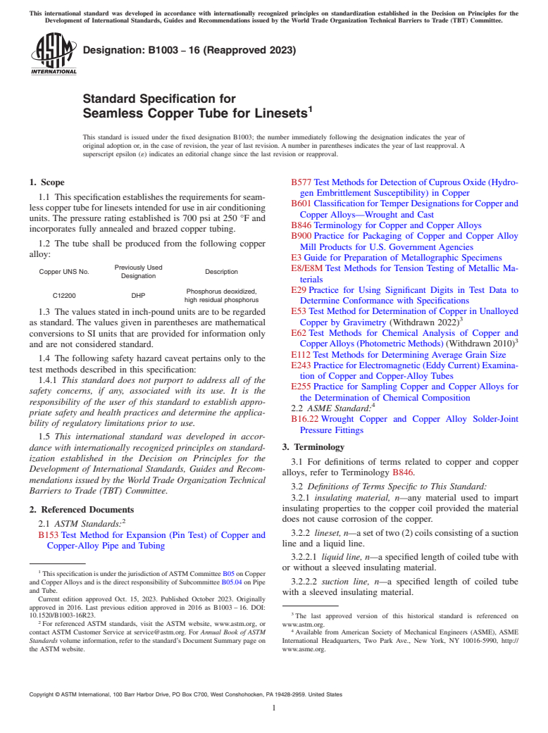ASTM B1003-16(2023) - Standard Specification for Seamless Copper Tube for Linesets