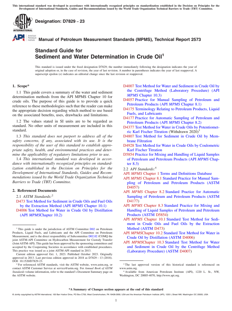ASTM D7829-23 - Standard Guide for Sediment and Water Determination in Crude Oil