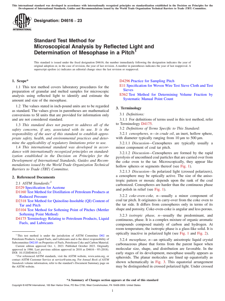 ASTM D4616-23 - Standard Test Method for Microscopical Analysis by Reflected Light and Determination of Mesophase in a Pitch